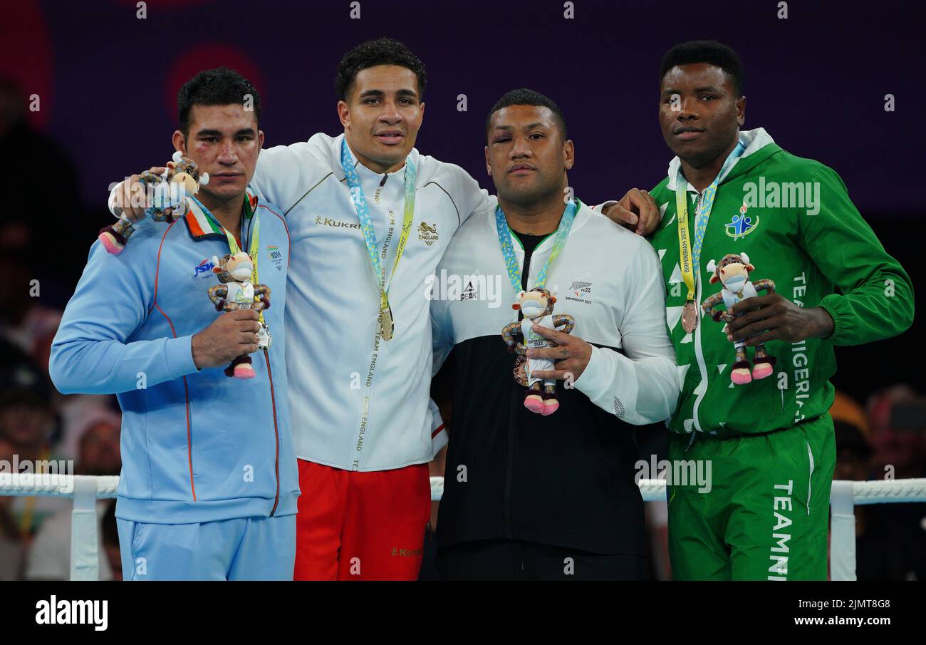 England's Delicious Orie (second left) with his gold medal for the Men's Super Heavy (+92kg) Final alongside India's Sagar Sagar (left) who finished second to take silver, and New Zealand's Leuila Mau'u and Nigeria's Ifeanyi Onyekwere, who both took bronze at The NEC on day ten of the 2022 Commonwealth Games in Birmingham. Picture date: Sunday August 7, 2022. Stock Photo