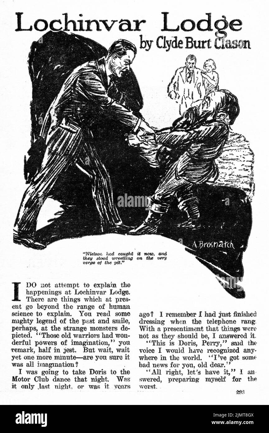 Lochnivar Lodge, by Clyde Burt Clason. Illustration by Andrew Brosnatch from Weird Tales, March 1926 Stock Photo