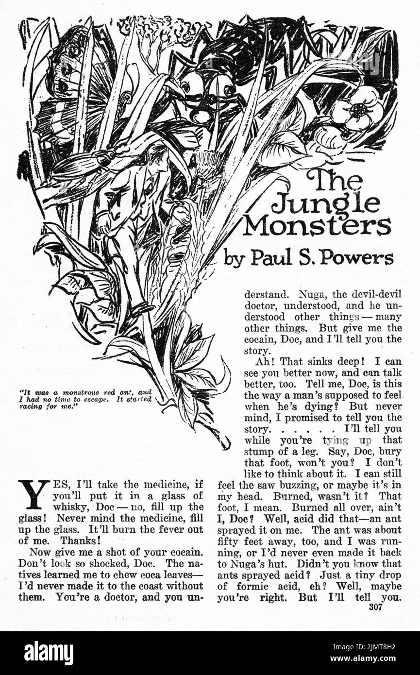 The Jungle Monsters, by Paul S. Powers. Illustration by Andrew Brosnatch from Weird Tales, March 1926 Stock Photo