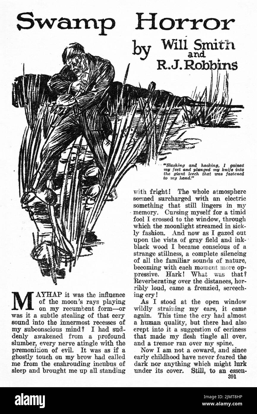 Swamp Horror, by Will Smith and R. J. Robbins. Illustration by Andrew Brosnatch from Weird Tales, March 1926 Stock Photo