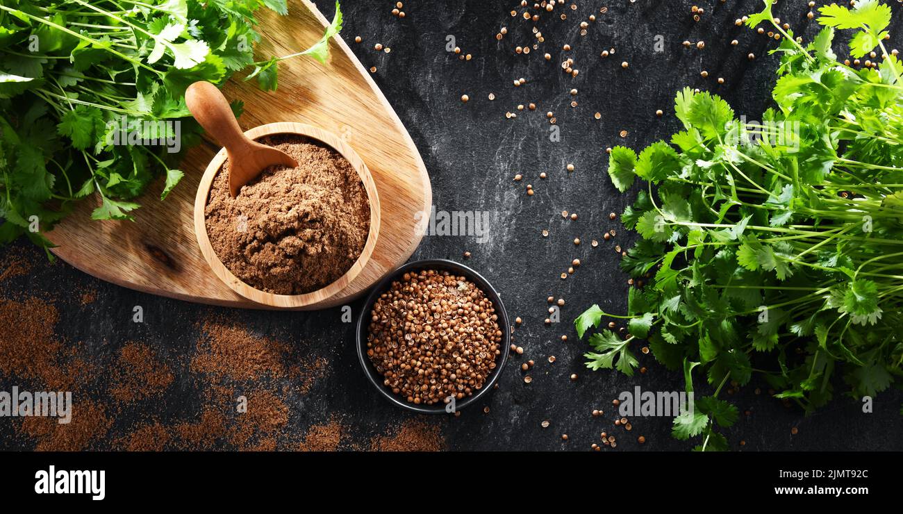 Composition with ground coriander Stock Photo Alamy
