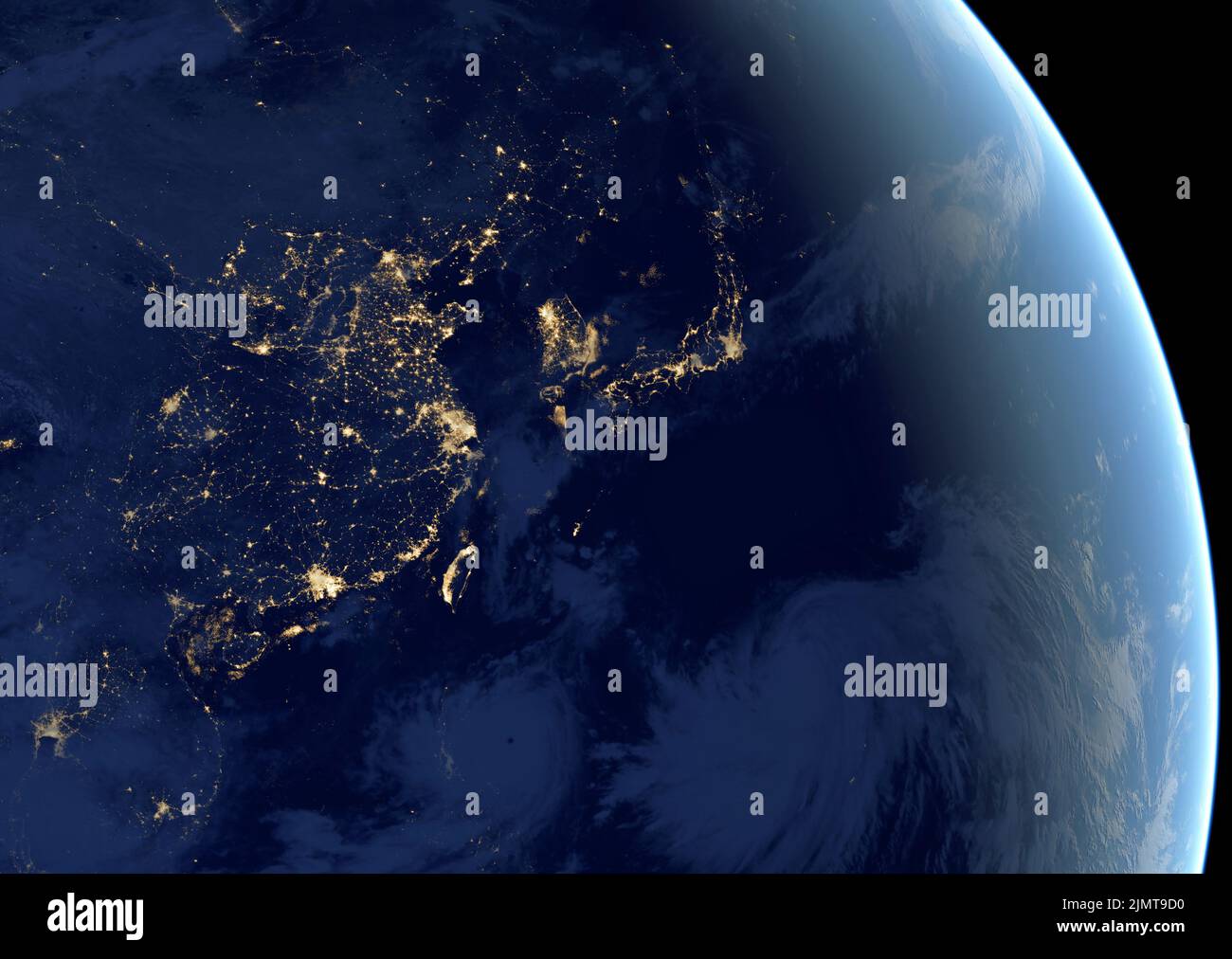 China, Taiwan, Korea and Japan on globe at night, East Asia map in satellite photo. View of city lights on Earth, Eurasia southeast, Pacific Ocean fro Stock Photo
