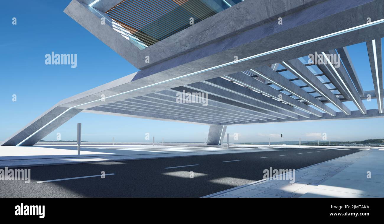 Perspective view of empty road and modern rooftop building Stock Photo