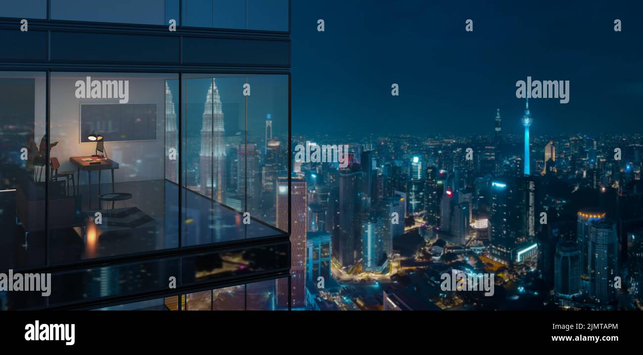 3d Office with night city skyline Stock Photo