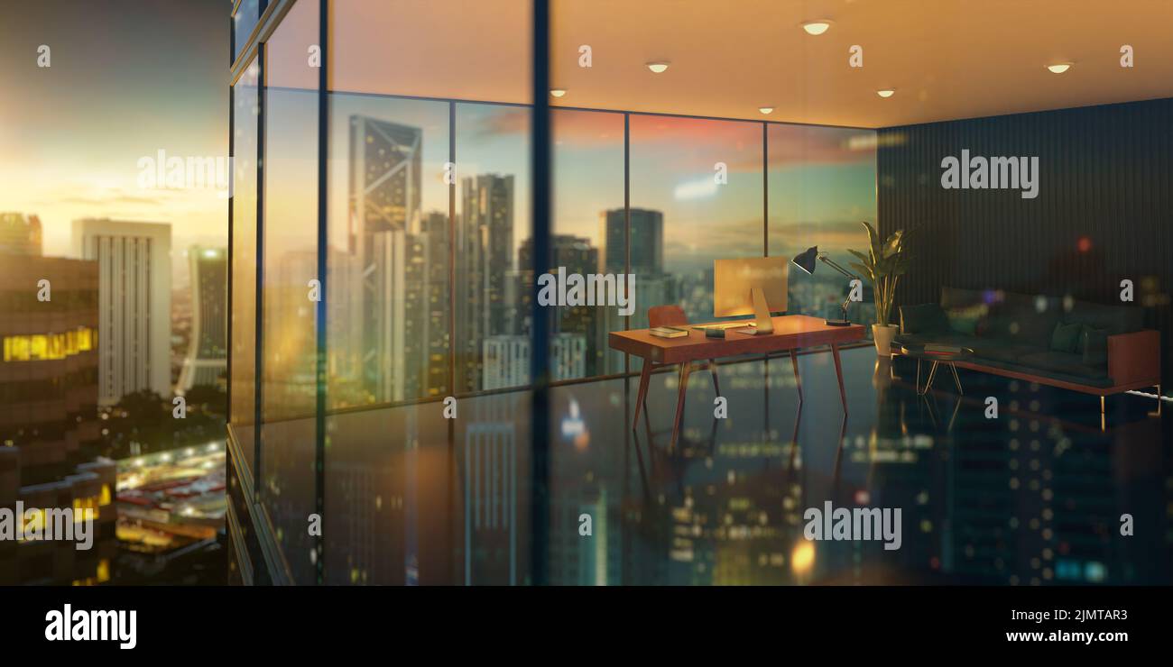 3d Office with sunrise city skyline Stock Photo