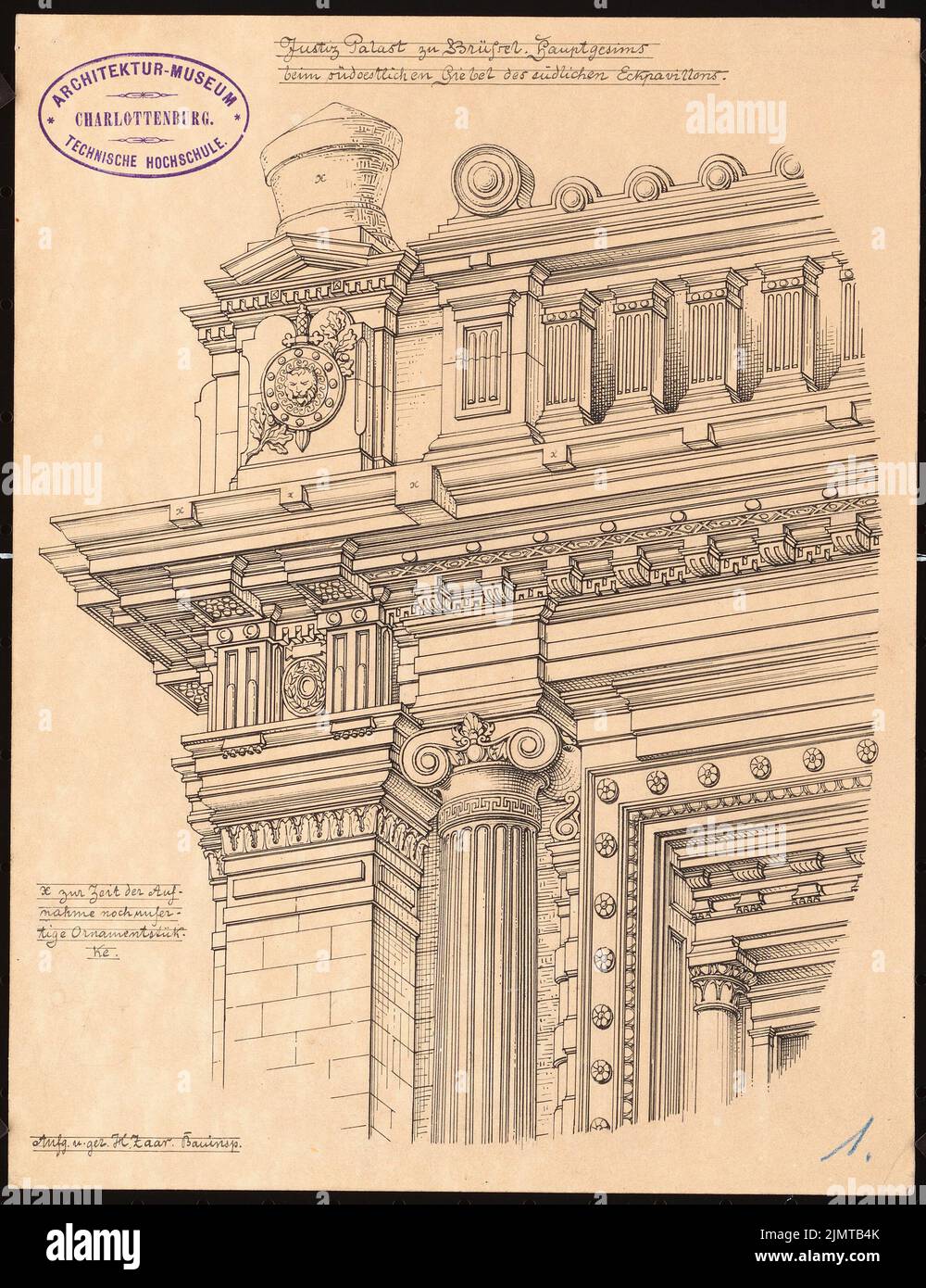 Zaar Heinrich (1847-1904), Palace of Justice in Brussels (without dat.): View cornice in the southeast Goebel of the southern corner pavilion. Ink on cardboard, 25.8 x 19.8 cm (including scan edges) Zaar Heinrich  (1847-1904): Justizpalast, Brüssel Stock Photo