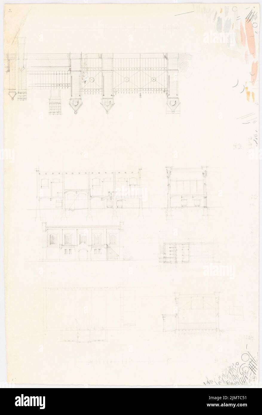 Baltzer Johannes (1862-1940), school. Toilet building and enclosure (1889): floor plan ground floor (twice), tearing the entrance side, longitudinal section, cross -section, detail of the enclosure: View Wall pillars and grid, calculation. Pencil on cardboard, 51.8 x 35 cm (including scan edges) Baltzer Johannes  (1862-1940): Schule. Toilettengebäude und Einfriedung Stock Photo