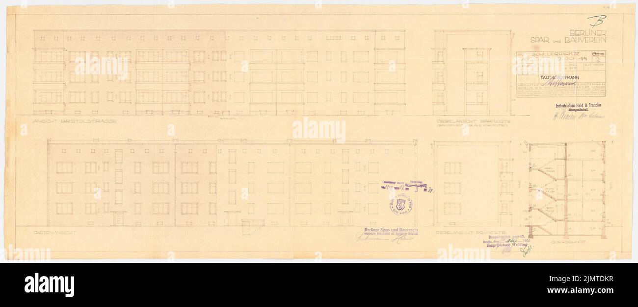 Taut Bruno (1880-1938), Schillerpark settlement in Berlin-Wedding (1929): Bristolstraße 19-23, Block 14: View, cut. Light break on the cardboard, 39.6 x 95.7 cm (including scan edges) Taut Bruno  (1880-1938): Siedlung Schillerpark, Berlin-Wedding Stock Photo