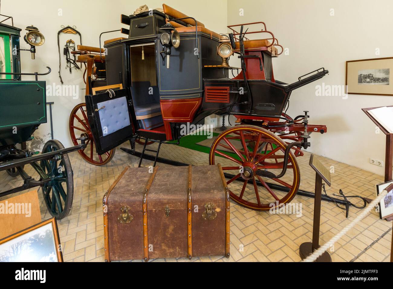 Mail coach at 18-19th century carriage exhibition in Helikon Palace ...