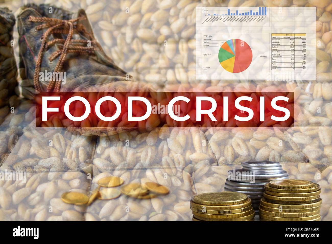 Food crisis. Global and European grain and wheat crisis, Ukraine. Export grain. Word design. Economic depression. Stock Photo