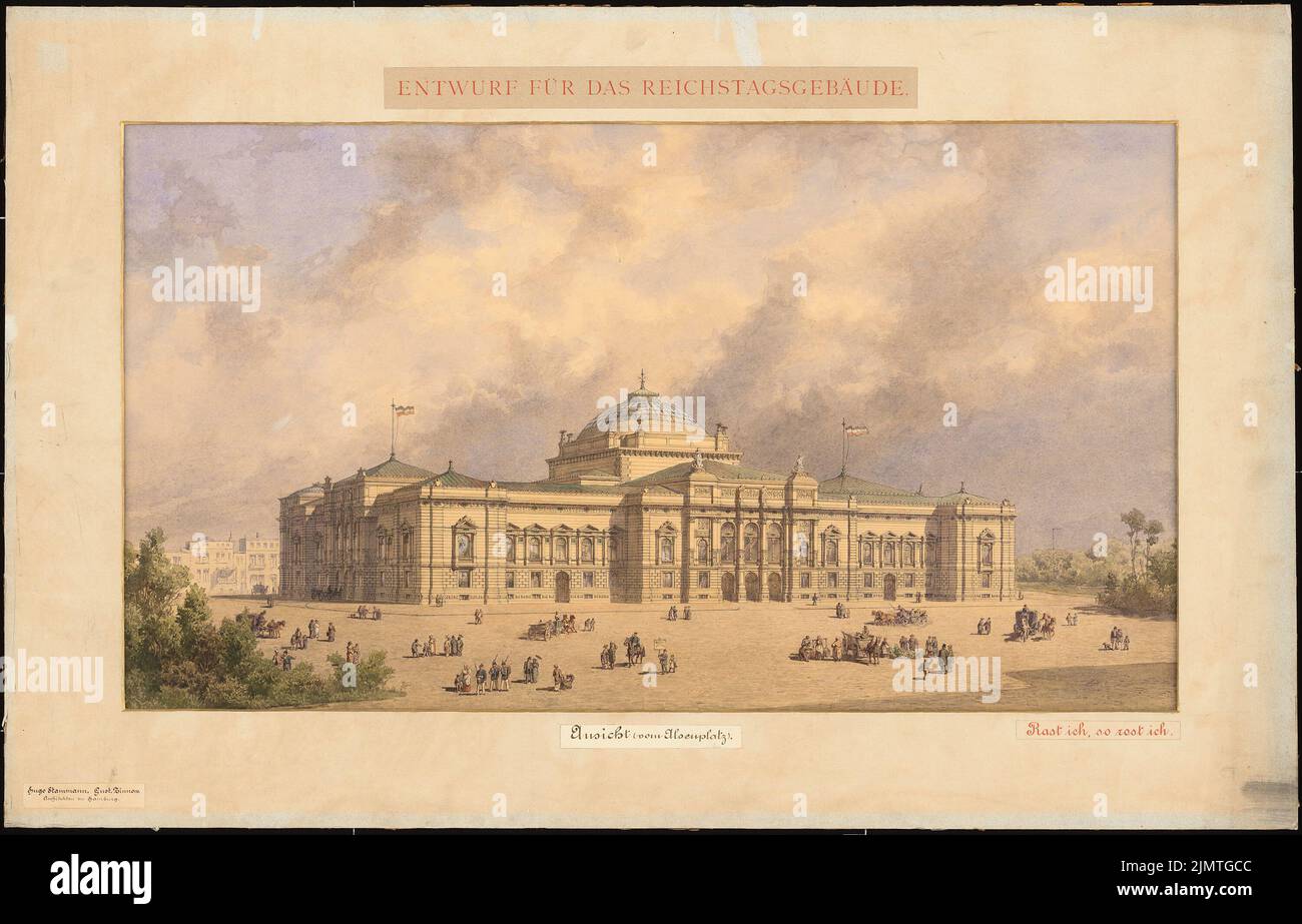 Stammann & Zinnow, Reichstag, Berlin. Second competition (1882): Perspective view from the Alsenplatz (i.e. from the northwest; today part of the Republic Square). Ink watercolor, white heighted on the cardboard, 69 x 107.5 cm (including scan edges) Stammann & Zinnow : Reichstag, Berlin. Zweiter Wettbewerb Stock Photo