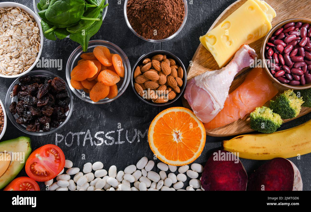 Composition with food products rich in potassium Stock Photo - Alamy