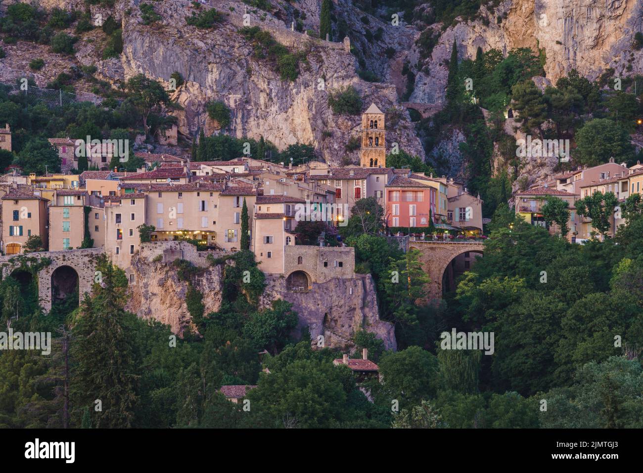 Moustiers-Sainte-Marie at night, a French town in Provence, France ...