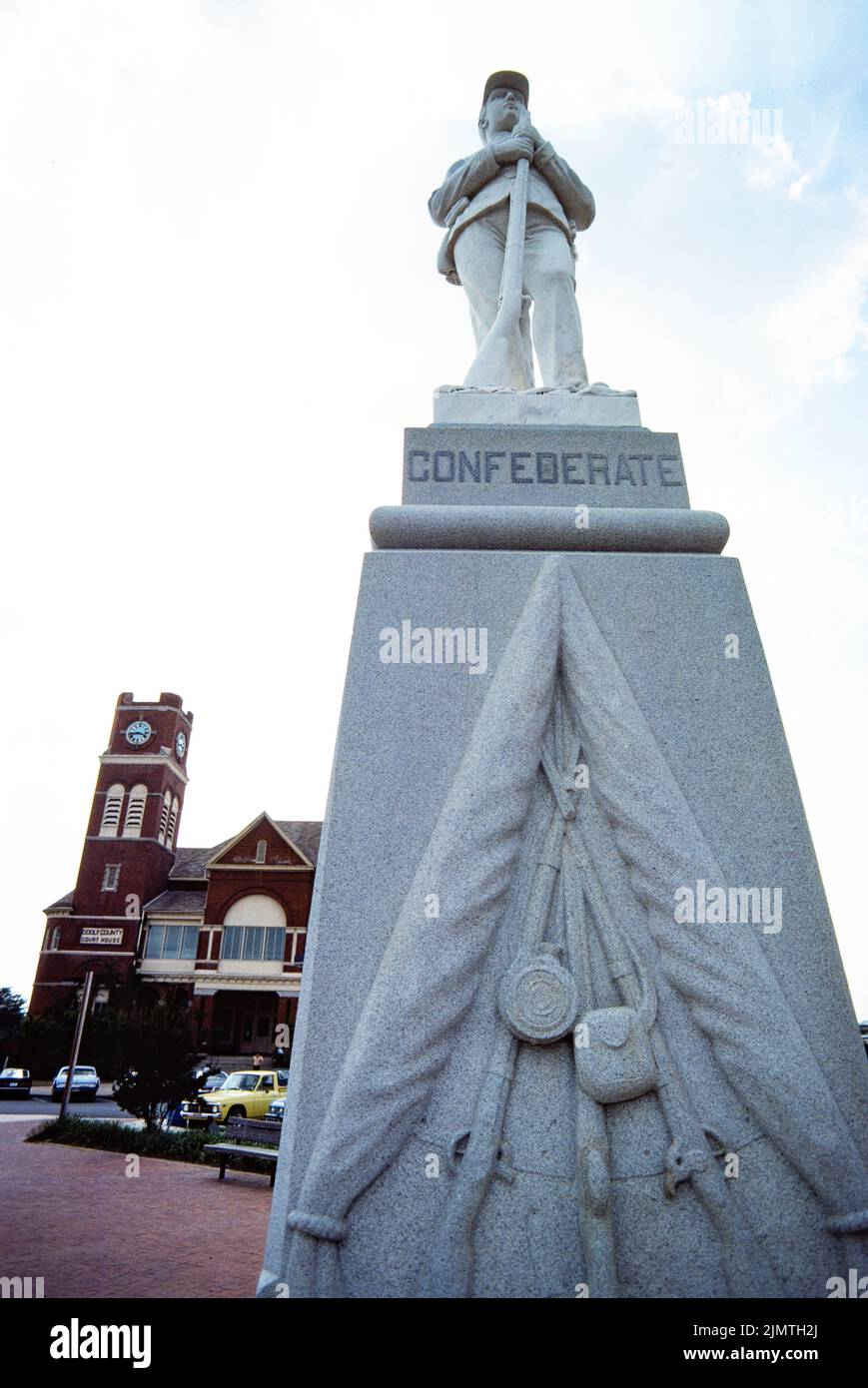 Confederate monument stands across from the Dooly County Courthouse in
