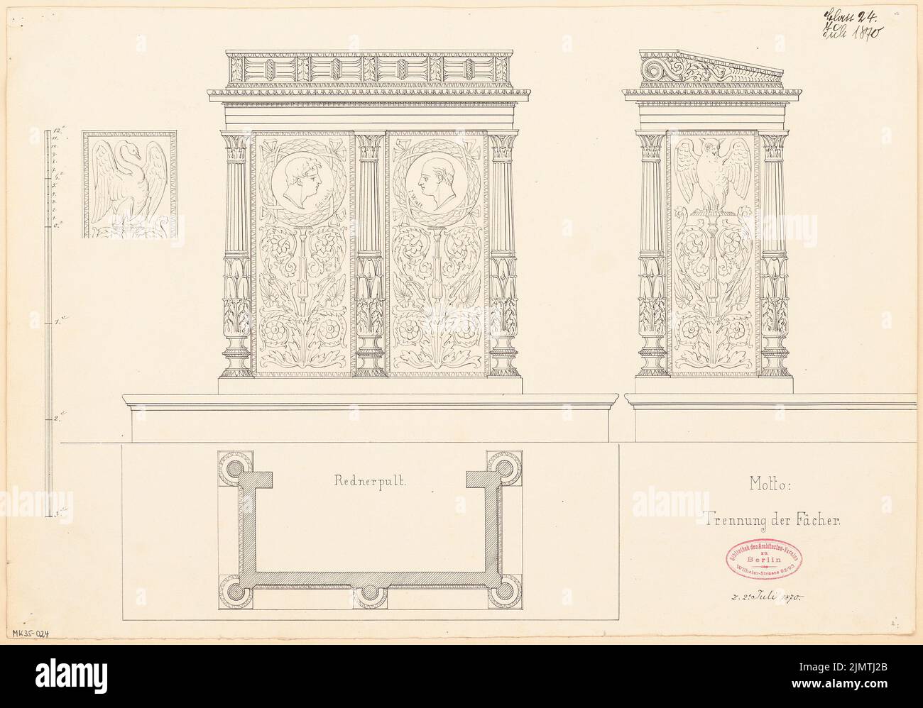 Unknown architect, lectern for the architect association. Monthly competition July 1870 (07.1870): floor plan, ancestry front view (with variant), side view; Scale bar. Ink on cardboard, 35 x 50 cm (including scan edges) N.N. : Rednerpult für den Architekten-Verein. Monatskonkurrenz Juli 1870 Stock Photo