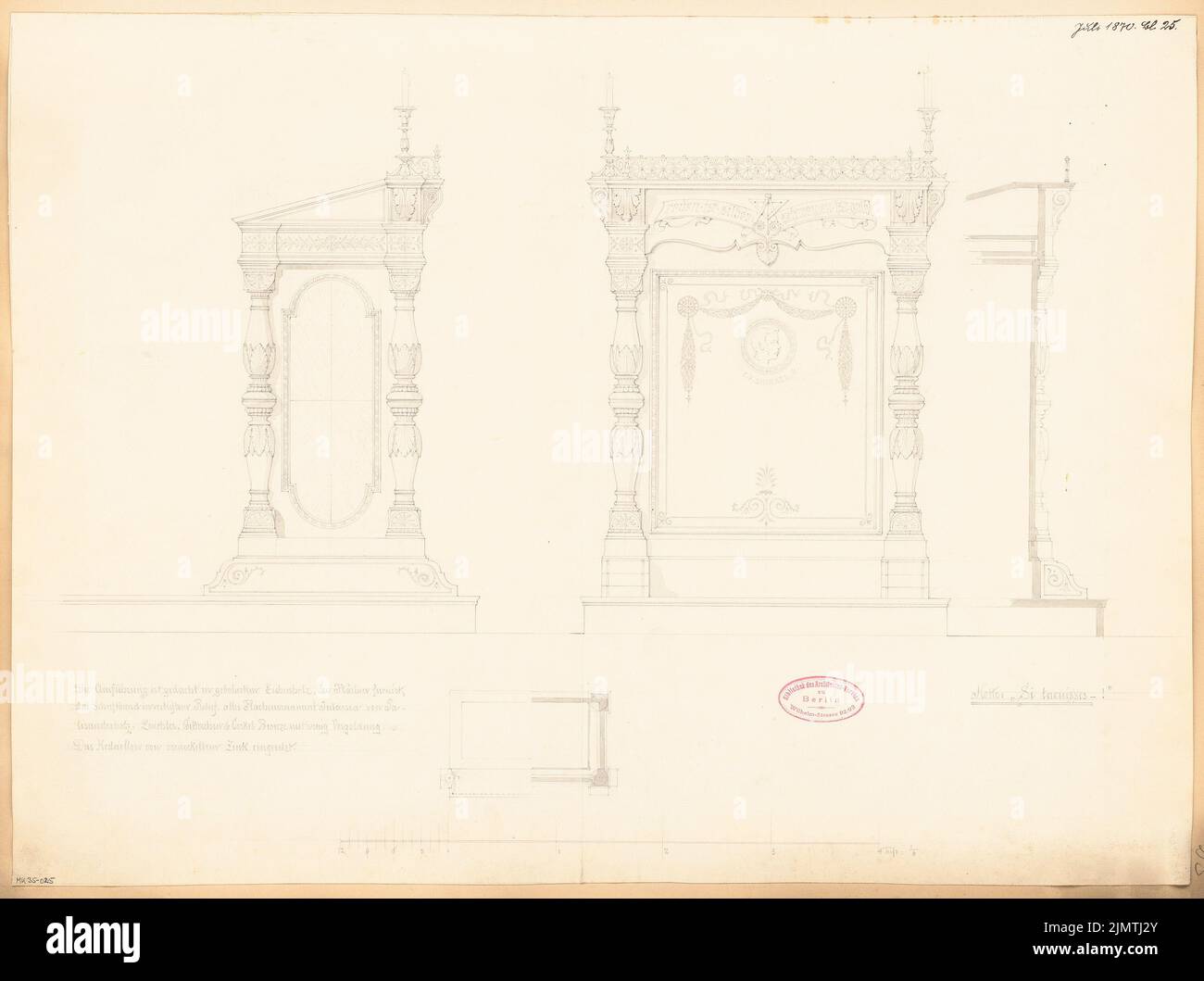 Unknown architect, lectern for the architect association. Monthly competition in July 1870 (07.1870): floor plan, ancestry front view, side view, vertical cut; Scale bar, explanatory text. Ink on paper, 43.2 x 57.9 cm (including scan edges) N.N. : Rednerpult für den Architekten-Verein. Monatskonkurrenz Juli 1870 Stock Photo