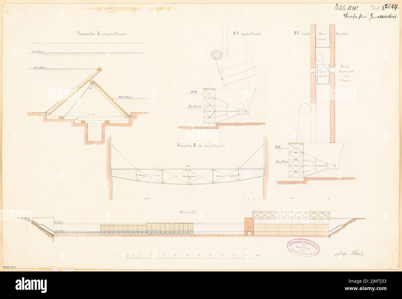 Martini Peter (born 1839), self -regulating weir. Monthly competition July 1870 (07.1870): floor plan, recourse back view (against the direction of the river), 2 cross sections; Scale bar. Tusche watercolor on the box, 34.3 x 50.7 cm (including scan edges) Martini Peter  (geb. 1839): Selbstregulierendes Wehr. Monatskonkurrenz Juli 1870 Stock Photo