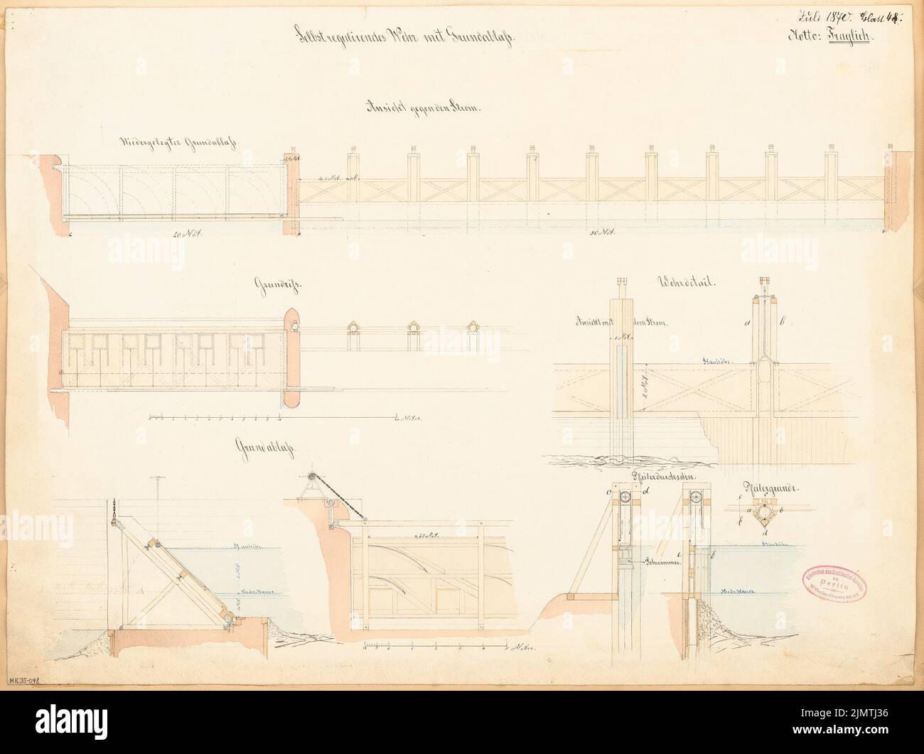 Unknown architect, self -regulating weir. Monthly competition June 1870 (07.1870): floor plan, recovering back view (against the direction of the river), longitudinal section (2 cutouts), 2 cross -sections; 2 scale strips. Tusche watercolor on the box, 43.6 x 58.3 cm (including scan edges) N.N. : Selbstregulierendes Wehr. Monatskonkurrenz Juni 1870 Stock Photo