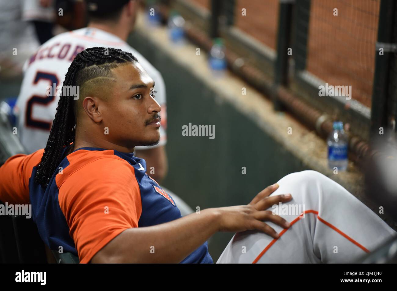 Houston Astros starting pitcher Luis Garcia (77) watches from the dugout during the MLB game between the Boston Red Sox and the Houston Astros on Tues Stock Photo