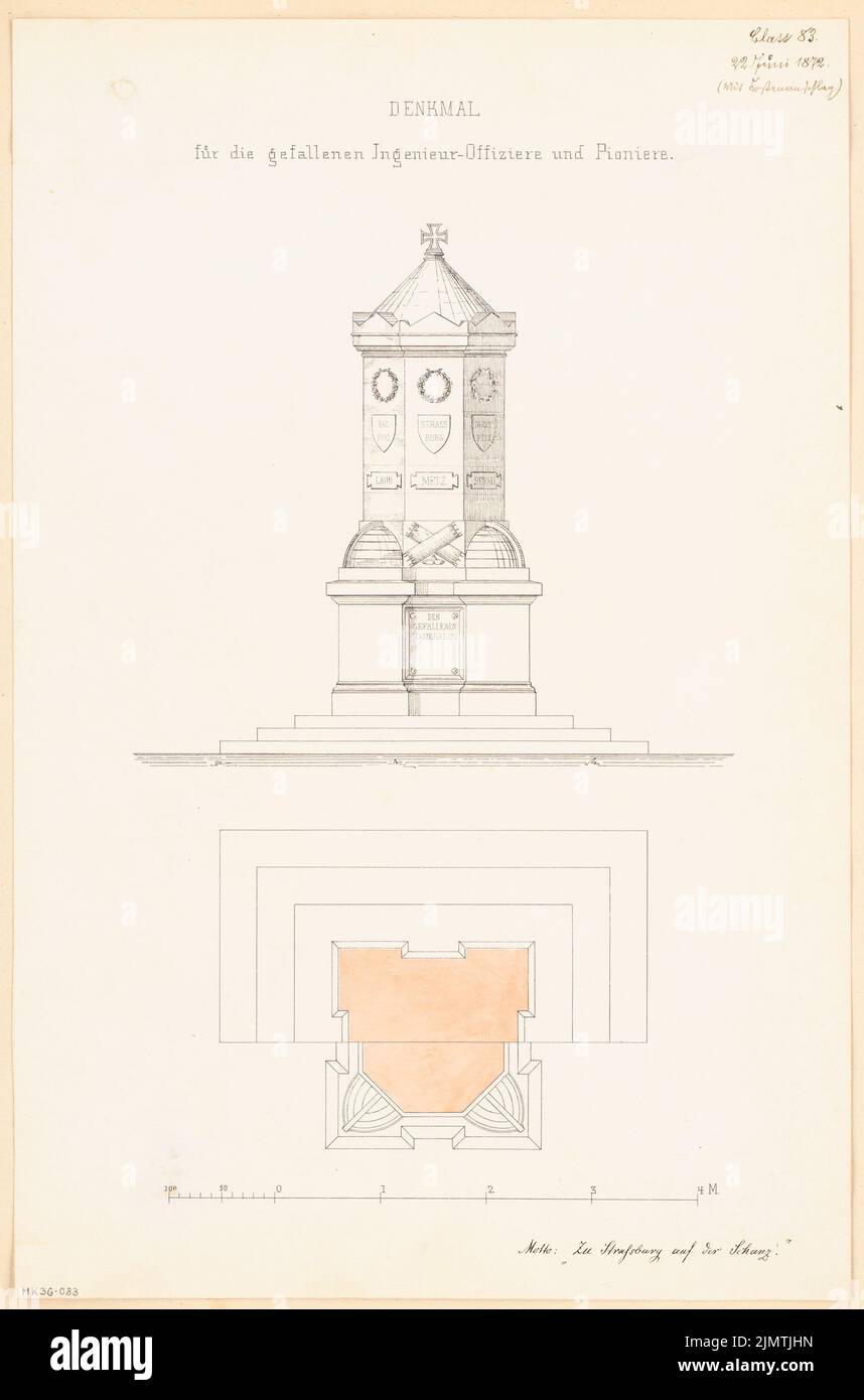 Unknown architect, a fallen monument in Strasbourg. Monthly competition June 1872 (06.1872): floor plan in 2 levels, tort front view; Scale bar. Ink on cardboard, 49.7 x 32.8 cm (including scan edges) N.N. : Gefallenendenkmal, Straßburg. Monatskonkurrenz Juni 1872 Stock Photo