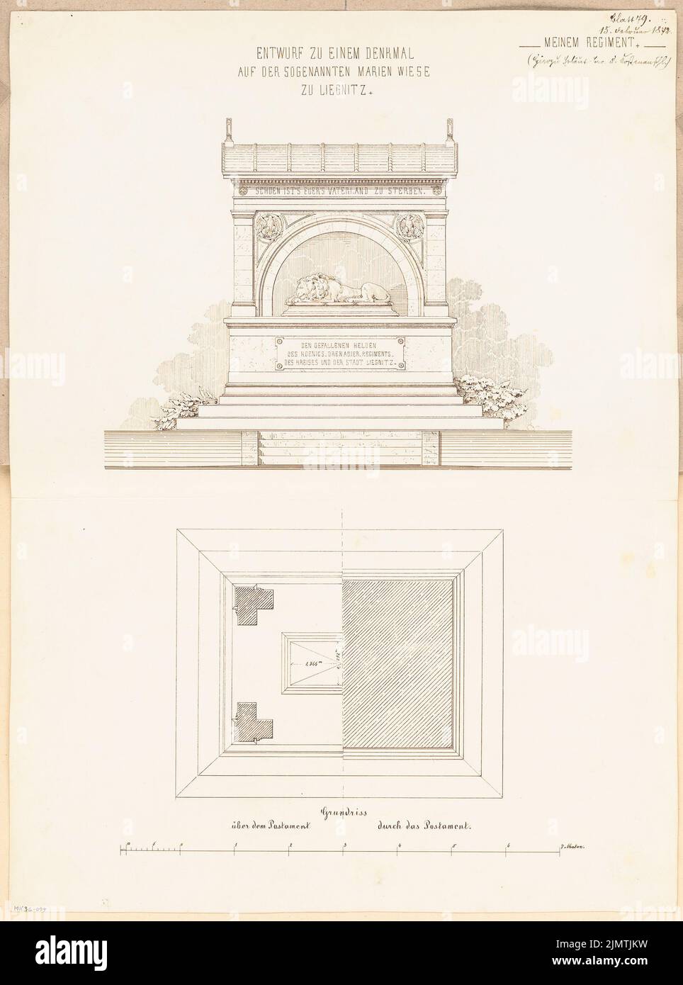 Unknown architect, a fallen monument in Liegnitz. Monthly competition February 1872 (02.1872): floor plan in 2 levels, tort side view; Scale bar. Ink on cardboard, 67.6 x 50.1 cm (including scan edges) N.N. : Gefallenendenkmal, Liegnitz. Monatskonkurrenz Februar 1872 Stock Photo