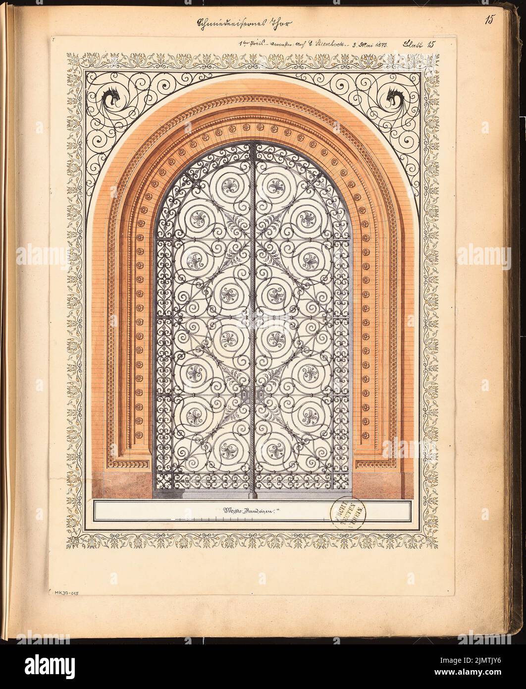 Steenbock Ernst (1850-1878), wrought-iron gate. Monthly competition May 1873 (05.1873): View; Scale bar. Tusche watercolor on paper, 59.8 x 48.9 cm (including scan edges) Steenbock Ernst  (1850-1878): Schmiedeeisernes Tor. Monatskonkurrenz Mai 1873 Stock Photo