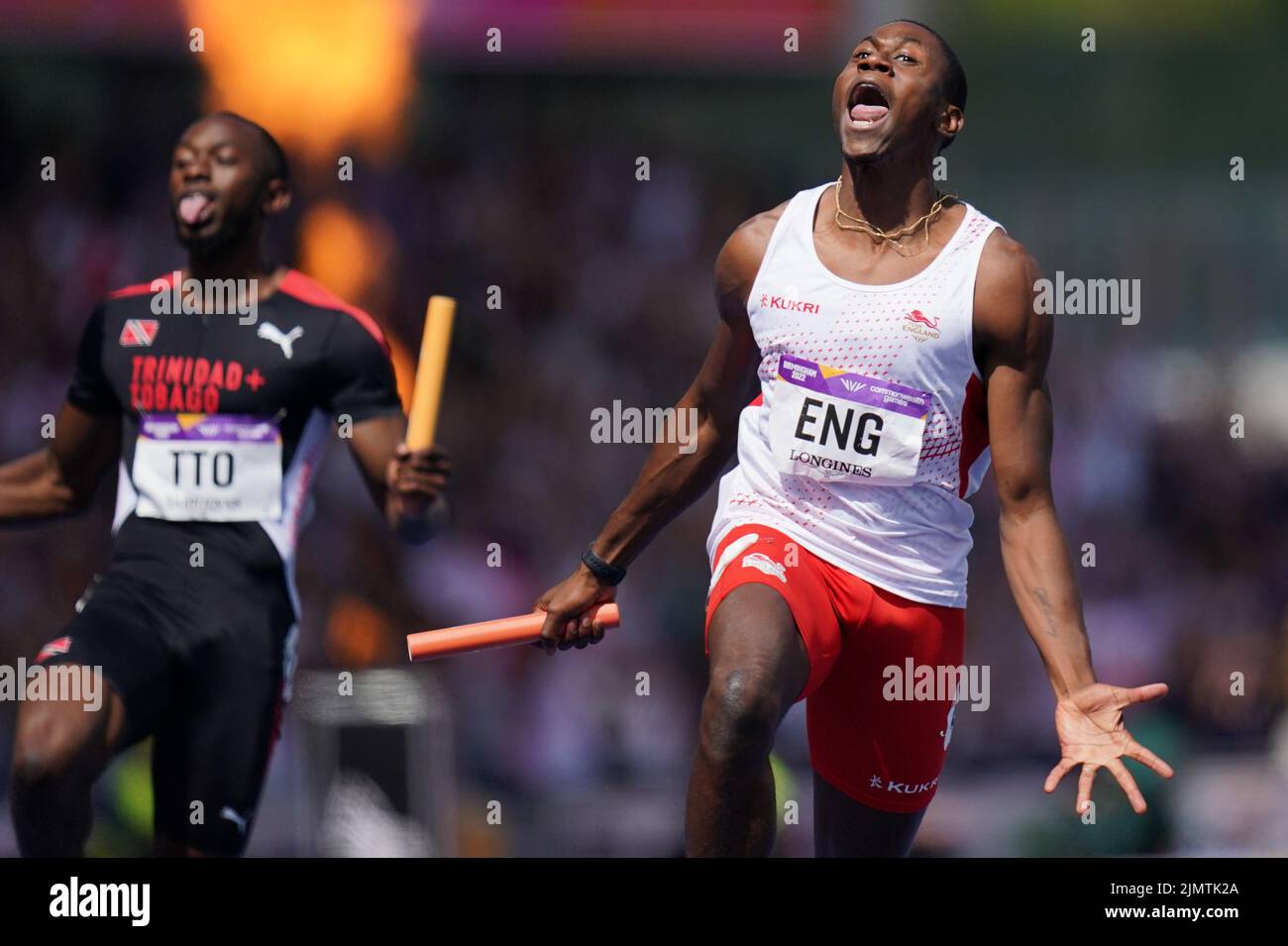 England's Ojie Edoburun (right) celebrates after winning gold in Men's 4 x 100m Relay - Final at Alexander Stadium on day ten of the 2022 Commonwealth Games in Birmingham. Picture date: Sunday August 7, 2022. See PA story COMMONWEALTH Athletics. Photo credit should read: Jacob King/PA Wire. RESTRICTIONS: Use subject to restrictions. Editorial use only, no commercial use without prior consent from rights holder. Stock Photo