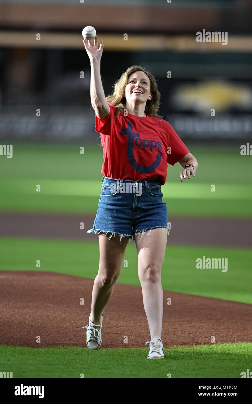 Alyssa Groner (Topps/Fanatics) throws out the ceremonial first pitch before the MLB game between the Boston Red Sox and the Houston Astros on Tuesday, Stock Photo