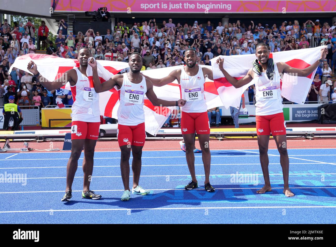 (Left to right) England's Ojie Edoburun, Jona Efoloko, Nethaneel Mitchell-Blake and Zharnel Hughes celebrate after winning gold in Men's 4 x 100m Relay - Final at Alexander Stadium on day ten of the 2022 Commonwealth Games in Birmingham. Picture date: Sunday August 7, 2022. See PA story COMMONWEALTH Athletics. Photo credit should read: Jacob King/PA Wire. RESTRICTIONS: Use subject to restrictions. Editorial use only, no commercial use without prior consent from rights holder. Stock Photo