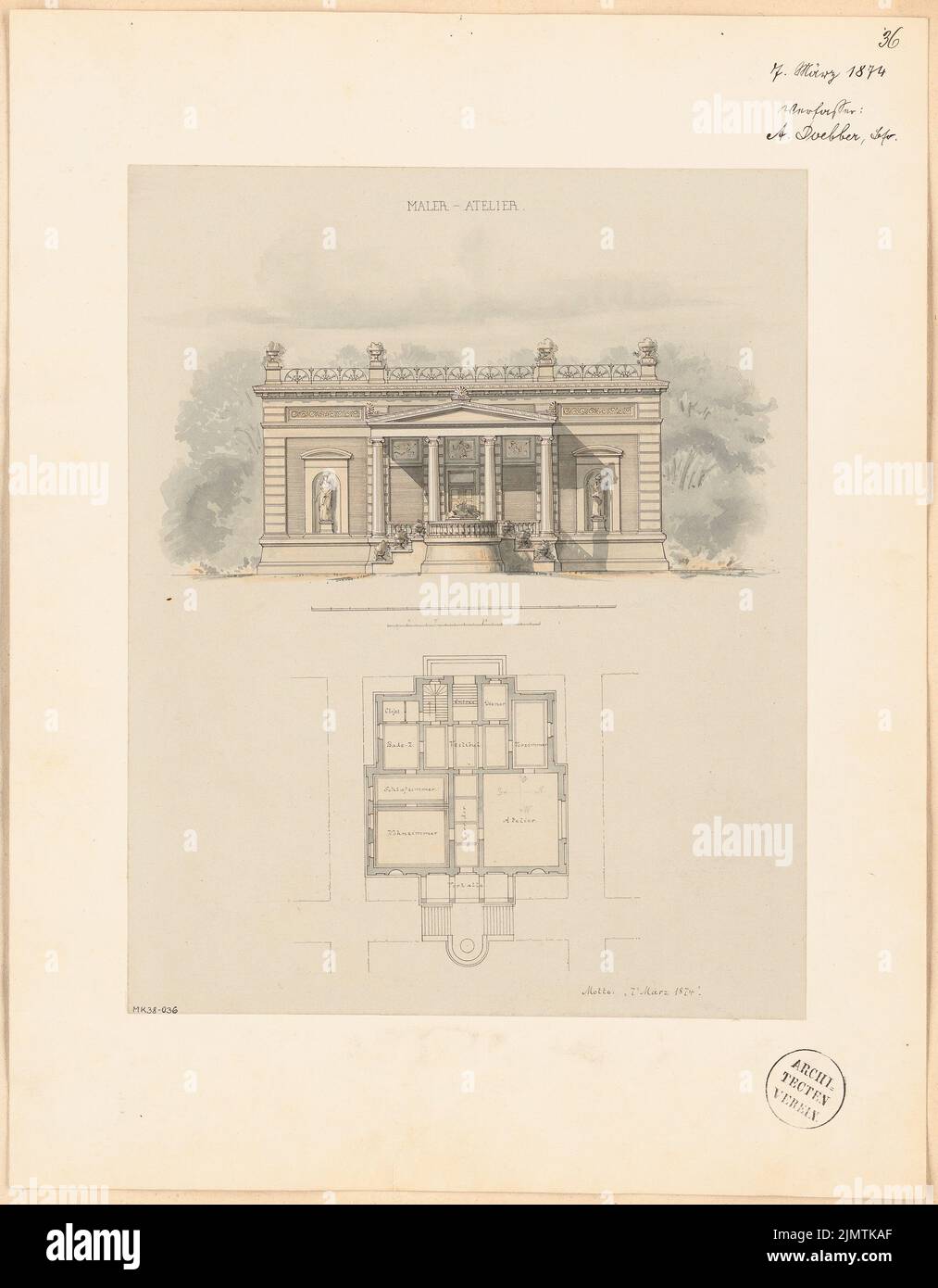 Doebber Adolf (1845-1920), painter studio. Monthly competition March 1874 (03.1874): floor plan ground floor, tort garden view; 2 scale strips. Tusche watercolor on the box, 50.3 x 39.2 cm (including scan edges) Doebber Adolf  (1845-1920): Maleratelier. Monatskonkurrenz März 1874 Stock Photo