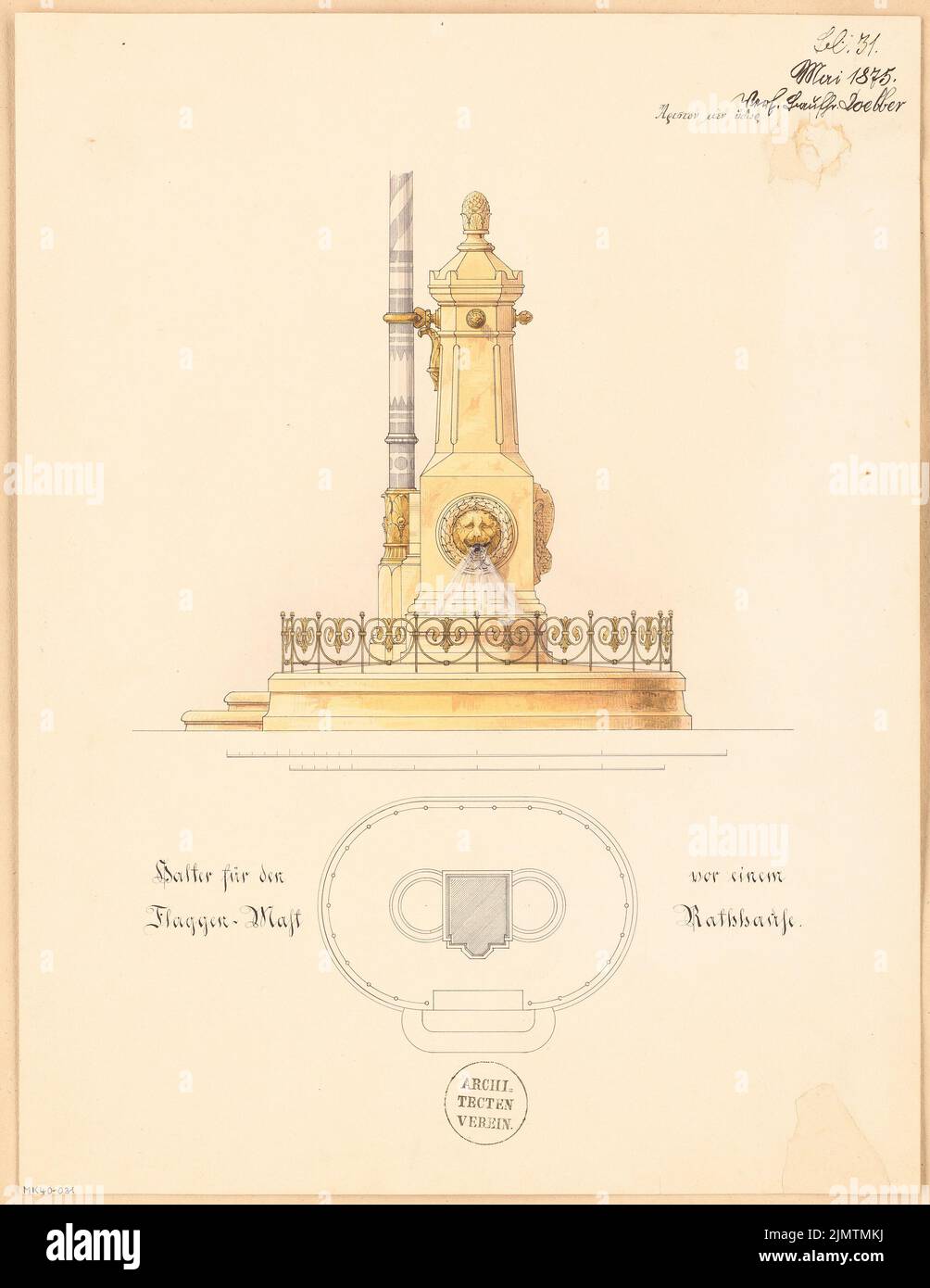 Doebber Adolf (1845-1920), holder for a flag mast. Monthly competition in May 1875 (05.1875): floor plan, upright side view; 2 scale strips. Tusche watercolor on the box, 47.6 x 36.8 cm (including scan edges) Doebber Adolf  (1845-1920): Halter für einen Flaggenmast. Monatskonkurrenz Mai 1875 Stock Photo