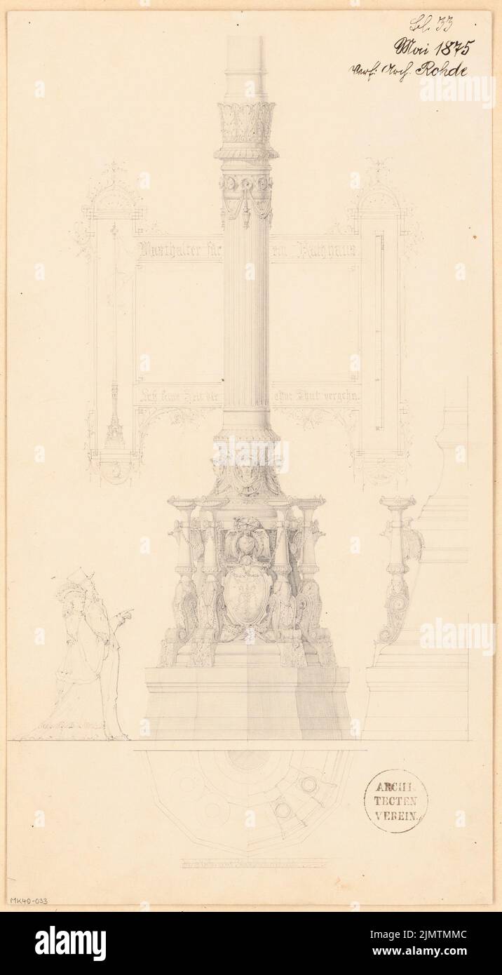 Rohde Reinhold (died 1913), holder for a flag mast. Monthly competition in May 1875 (05.1875): floor plan (2 levels), outline, view, partial cut; Scale bar. Pencil on cardboard, 47 x 25.9 cm (including scan edges) Rohde Reinhold  (gest. 1913): Halter für einen Flaggenmast. Monatskonkurrenz Mai 1875 Stock Photo