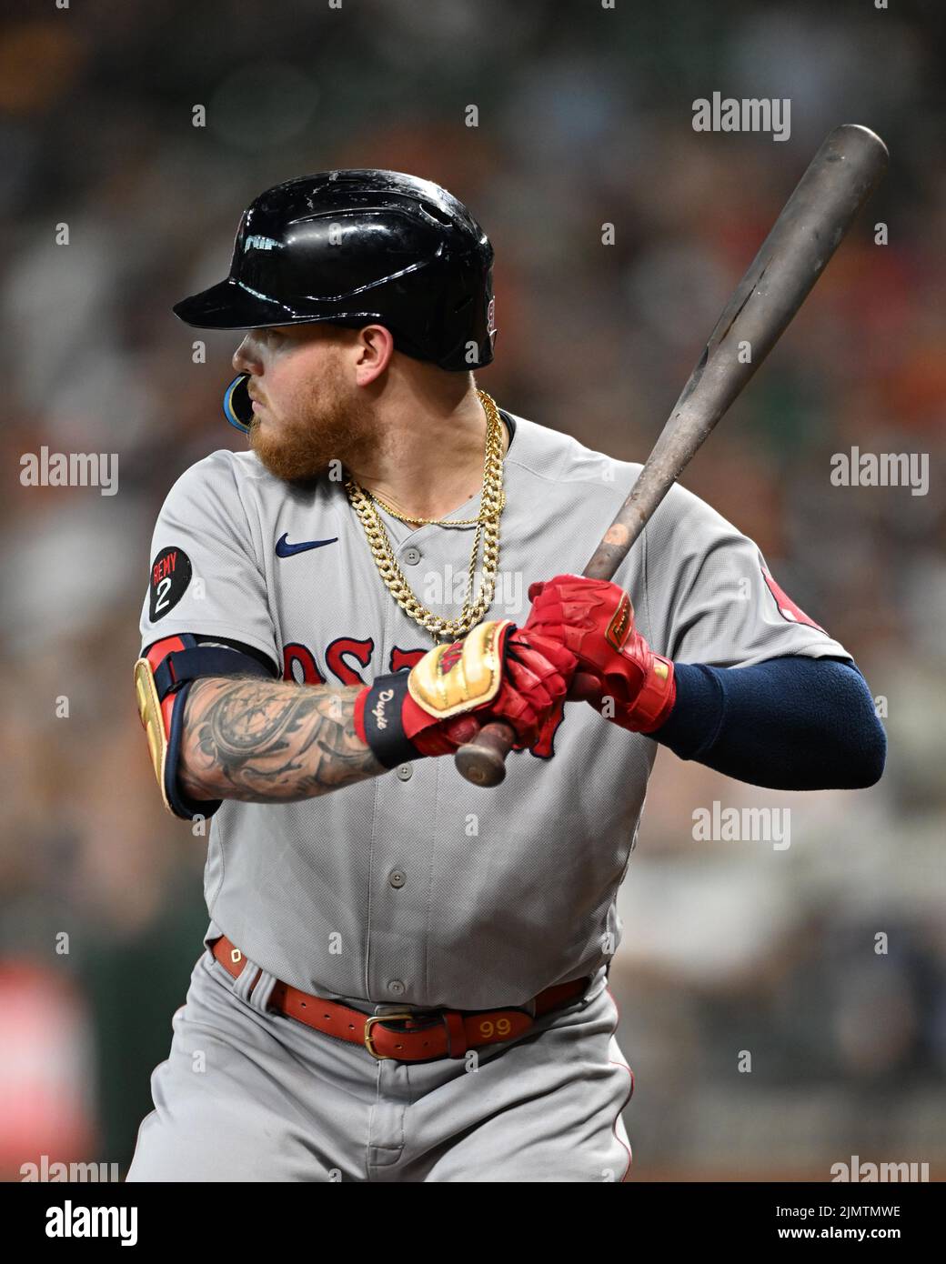 Boston Red Sox left fielder Alex Verdugo (99) bats in the second inning of the MLB game between the Boston Red Sox and the Houston Astros on Tuesday, Stock Photo