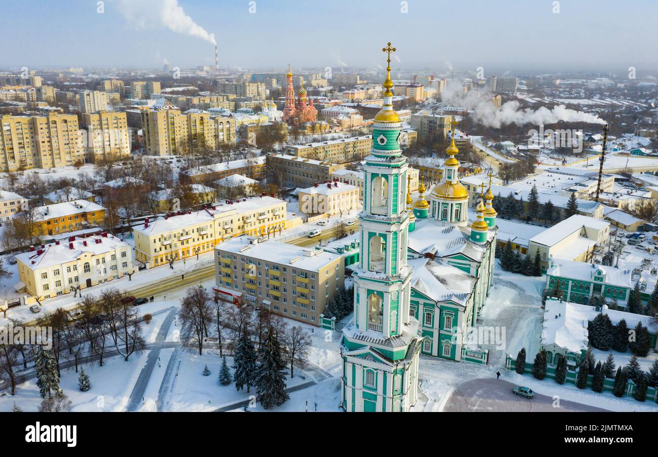 Aerial view of the Spaso-Preobrazhensky Cathedral and residential buildings in Tambov Stock Photo