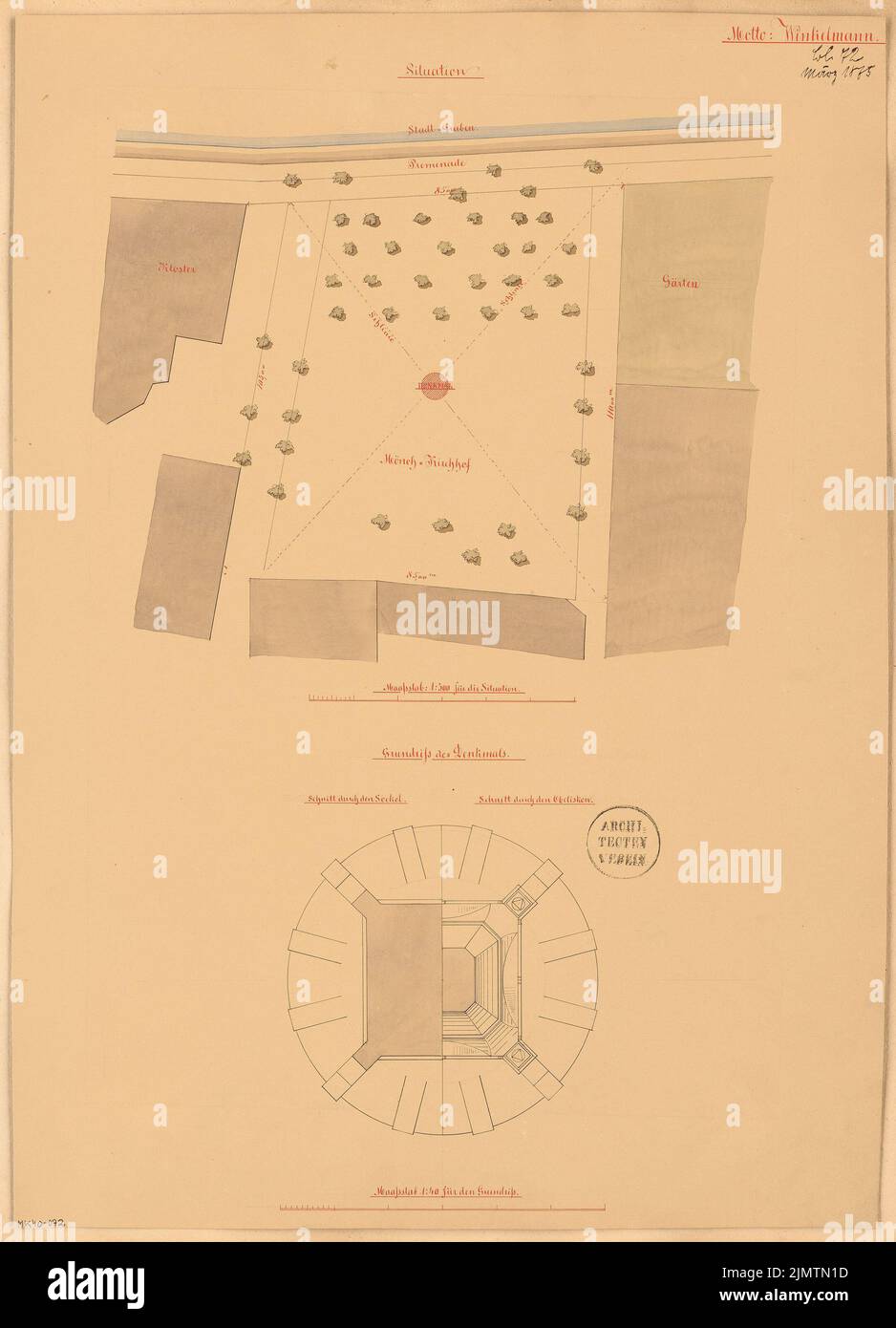 Unknown architect, a fallen monument in Stendal. Monthly competition March 1875 (03.1875): site plan 1: 500, floor plan in 2 levels 1:40; 2 scale strips. Tusche watercolor on the box, 56 x 40.4 cm (including scan edges) N.N. : Gefallenendenkmal, Stendal. Monatskonkurrenz März 1875 Stock Photo
