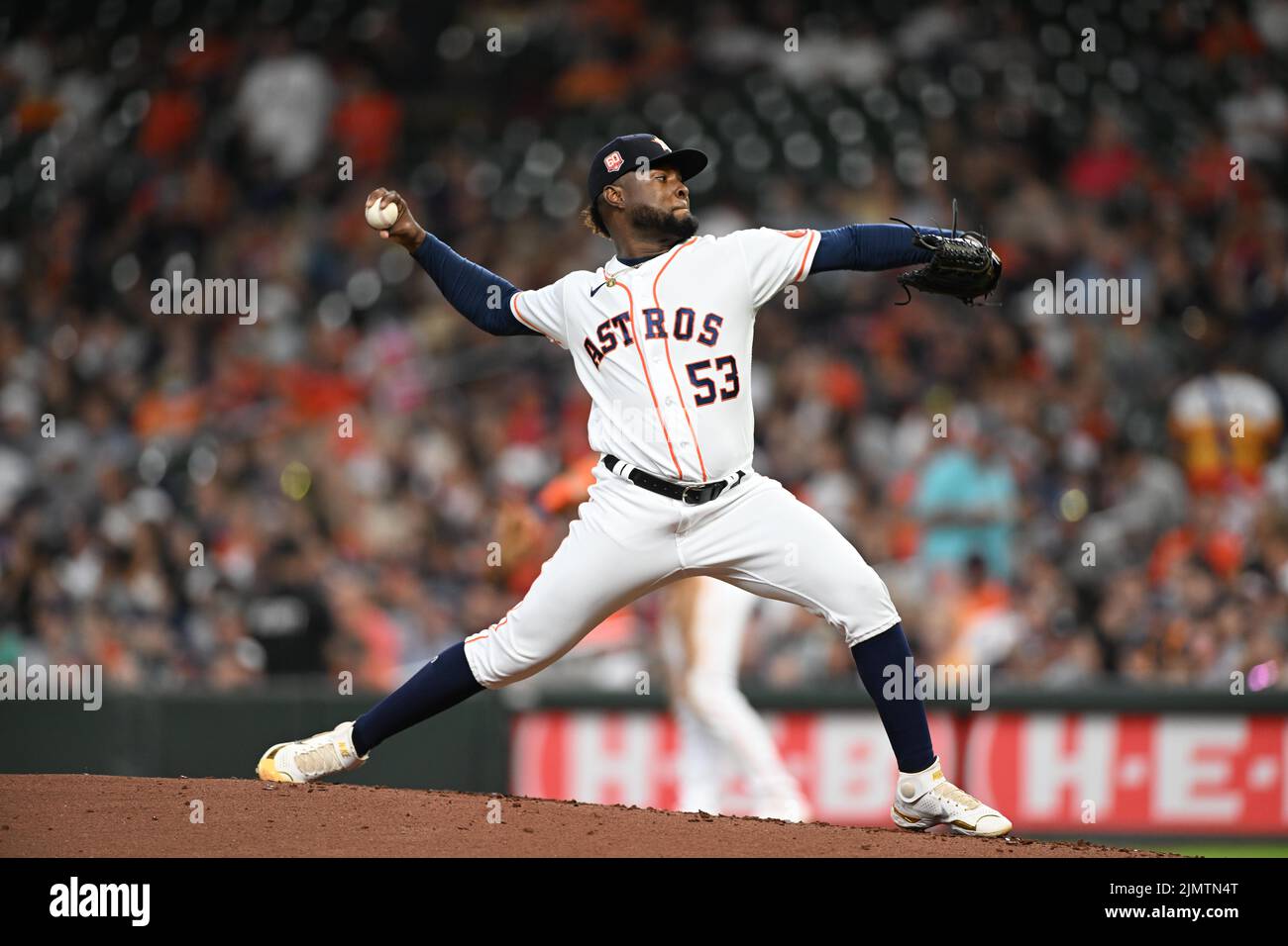 Houston Astros starting pitcher Cristian Javier (53) pitches in the fourth inning of the MLB game between the Boston Red Sox and the Houston Astros on Stock Photo