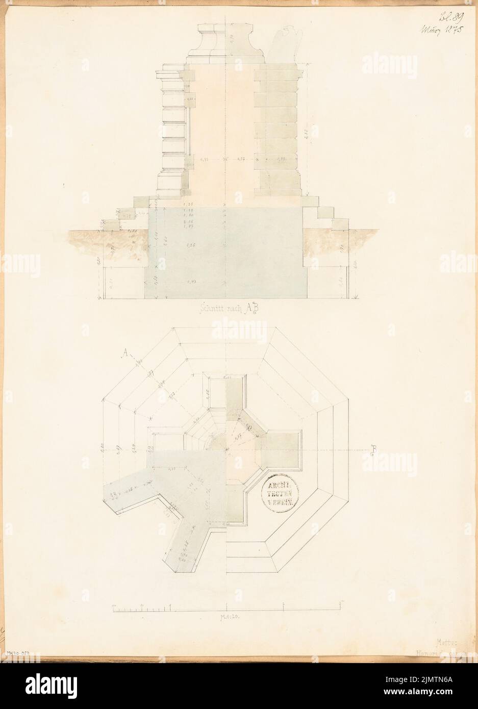 Unknown architect, a fallen monument in Stendal. Monthly competition March 1875 (03.1875): floor plan (quartered) on 4 levels, cross -section of the base; 1:20, scale bar. Pencil watercolored on paper, 58.5 x 42.2 cm (including scan edges) N.N. : Gefallenendenkmal, Stendal. Monatskonkurrenz März 1875 Stock Photo