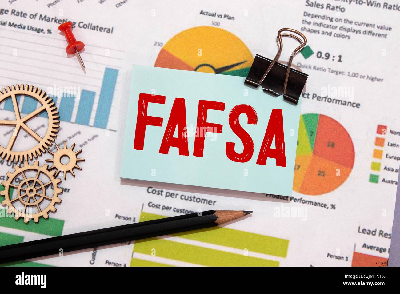 The word Fafsa in a notebook on white table with office tools. Business concept Stock Photo