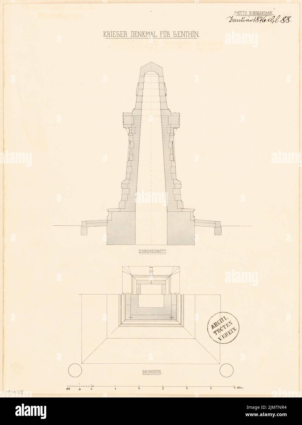 Unknown architect, a fallen monument in Genthin. Monthly competition January 1876 (01.1876): floor plan (2 levels), cross -section (vertical); Scale bar. Tusche watercolor on the box, 41.5 x 31.6 cm (including scan edges) N.N. : Gefallenendenkmal, Genthin. Monatskonkurrenz Januar 1876 Stock Photo