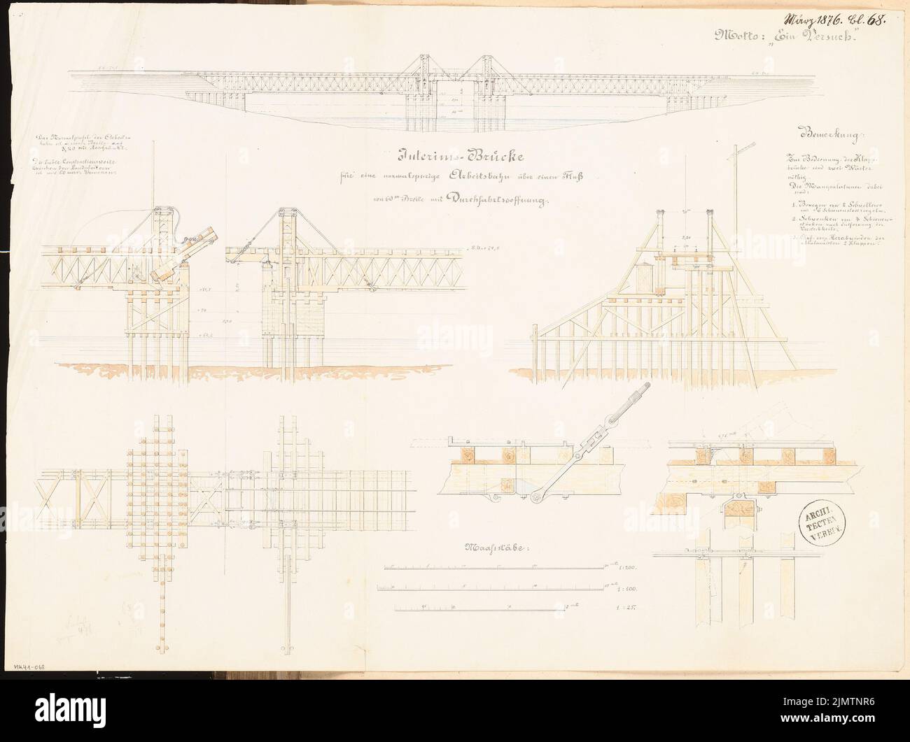 Unknown architect, interim bridge with a passage opening. Monthly competition March 1876 (03.1876): floor plan (2 levels), tear side view, longitudinal section, cross -section, details; 3 scale strips. Tusche watercolor on the box, 47.9 x 64.1 cm (including scan edges) N.N. : Interimsbrücke mit Durchfahrtsöffnung. Monatskonkurrenz März 1876 Stock Photo