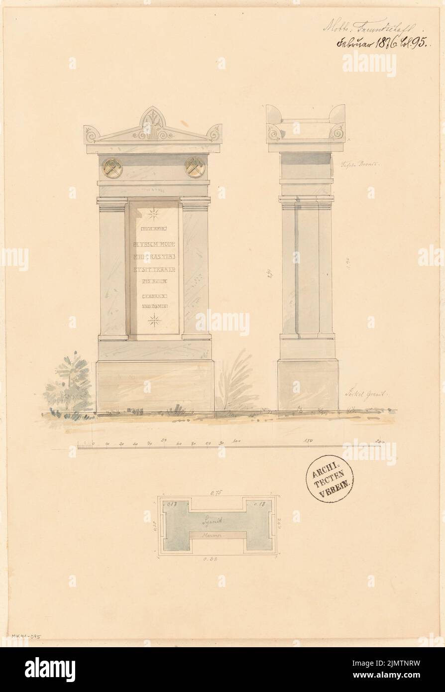 Unknown architect, grave monument for a mire director. Monthly competition February 1876 (02.1876): floor plan, ancestry front view, side view; Scale bar. Ink and pencil watercolored on the box, 44.9 x 30.9 cm (including scan edges) N.N. : Grabdenkmal für einen Grubendirektor. Monatskonkurrenz Februar 1876 Stock Photo