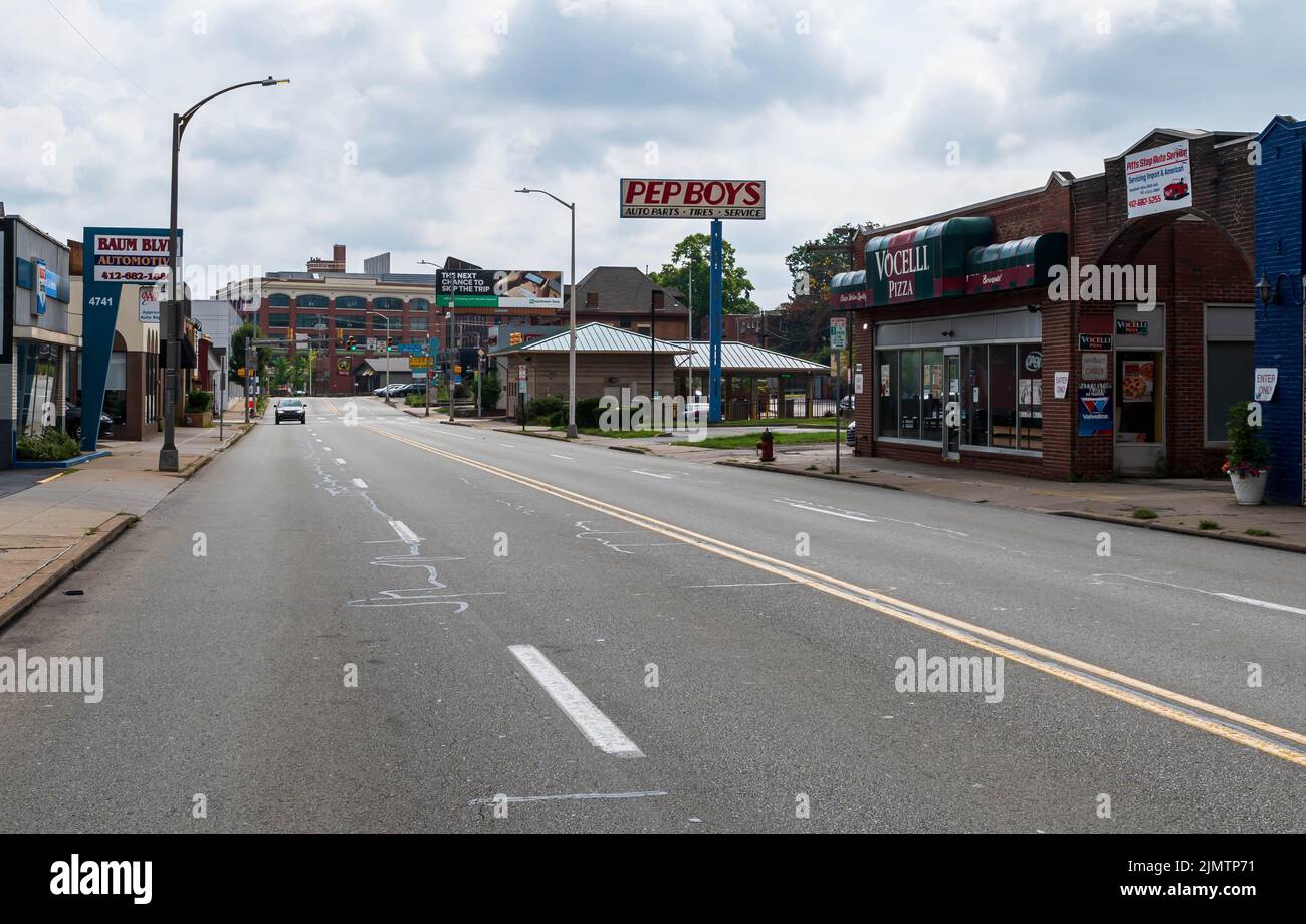Buildings along Baum Boulevard in the Shadyside neighborhood in Pittsburgh, Pennsylvania USA
