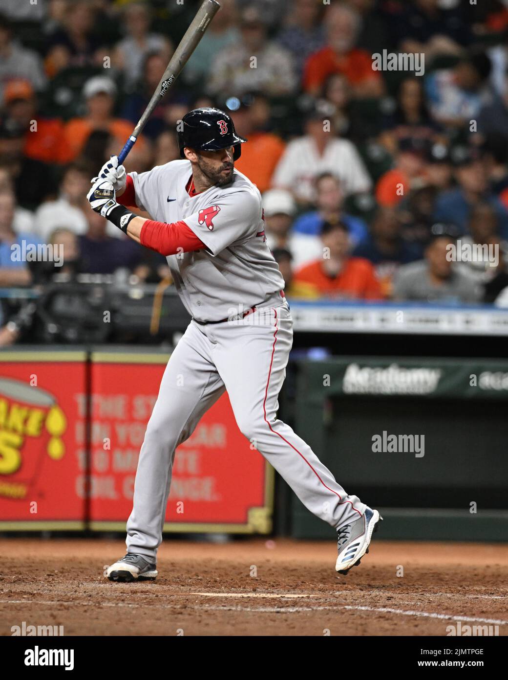 Boston Red Sox designated hitter J.D. Martinez (28) bats in the sixth inning of the MLB game between the Boston Red Sox and the Houston Astros on Tues Stock Photo