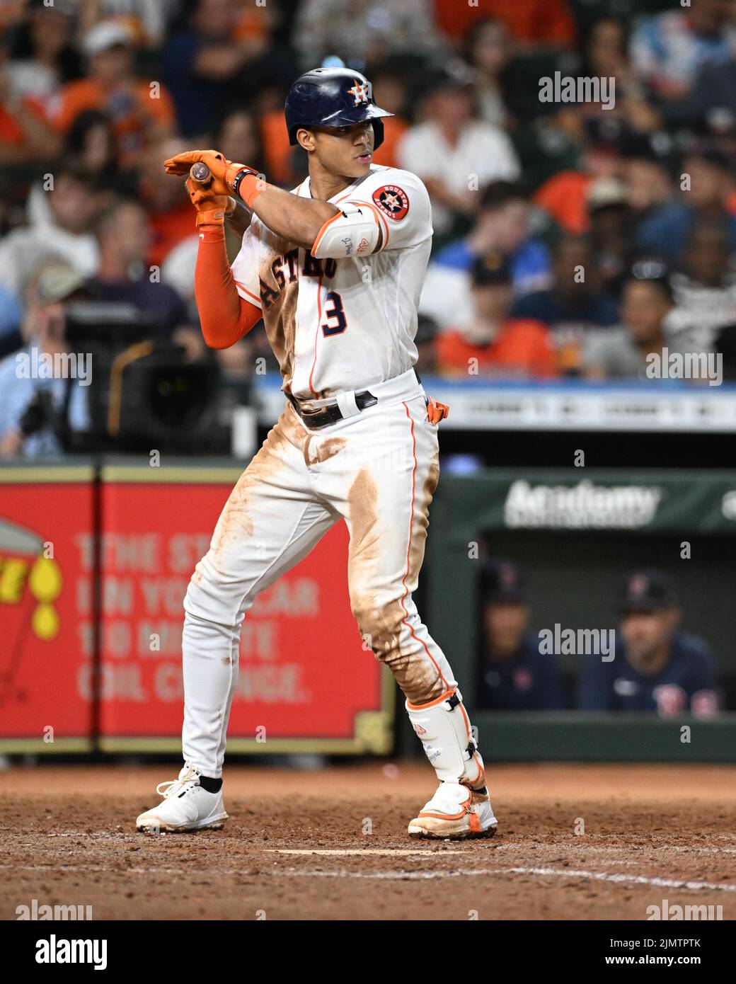 Houston Astros shortstop Jeremy Pena (3) bats in the sixth inning of the MLB game between the Boston Red Sox and the Houston Astros on Tuesday, August Stock Photo