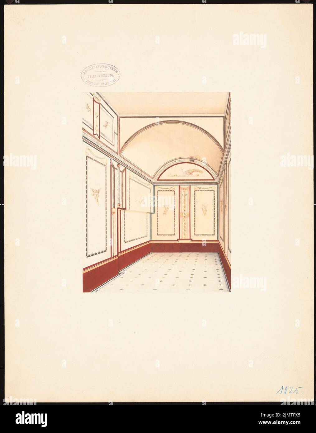 Strack Johann Heinrich (1805-1880), villa in Pompeii. Daded Cubiculum of the 3rd style (1855): Perspective inner view. Tusche watercolor on the box, 46.2 x 36.1 cm (including scan edges) Strack Johann Heinrich  (1805-1880): Villa, Pompeji. Gewölbtes Cubiculum des 3. Stiles Stock Photo