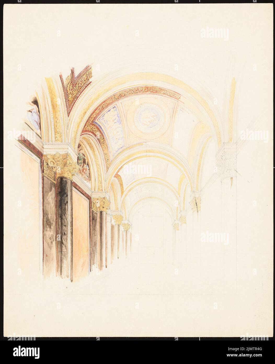Strack Johann Heinrich (1805-1880), National Gallery on the Museum Island in Berlin (1877): Perspective interior view of the large cross gallery in 1st floor. Pencil watercolored on paper, 49.5 x 40.1 cm (including scan edges) Strack Johann Heinrich  (1805-1880): Nationalgalerie auf der Museumsinsel, Berlin Stock Photo