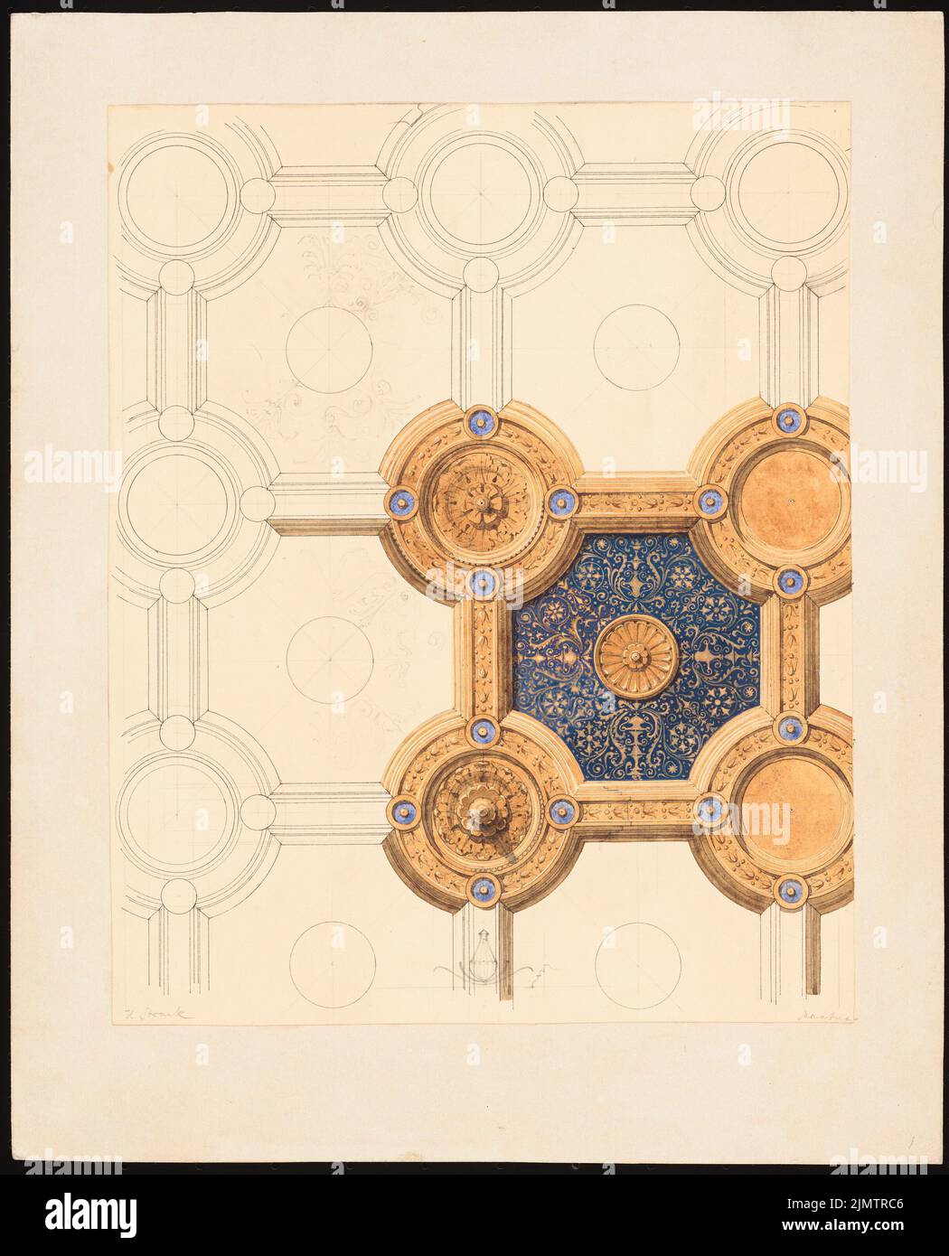 Strack Heinrich (1841-1912), ceiling fields in Mantua (without date): cover decoration. Ink, pencil watercolor, white -raised on cardboard, 37.7 x 30.5 cm (including scan edges) Strack Heinrich  (1841-1912): Deckenfelder, Mantua Stock Photo
