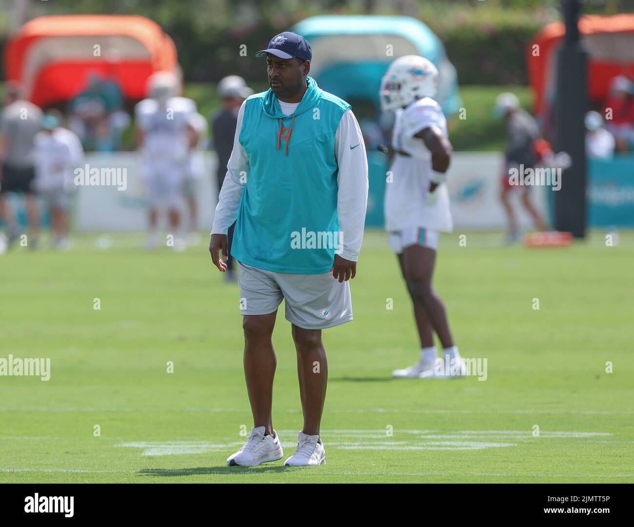 Miami. FL USA;  Assistant coach Jon Embree watches wide receiver drills during Miami Dolphins Training Camp, Saturday, August 6, 2022, at Baptist Heal Stock Photo