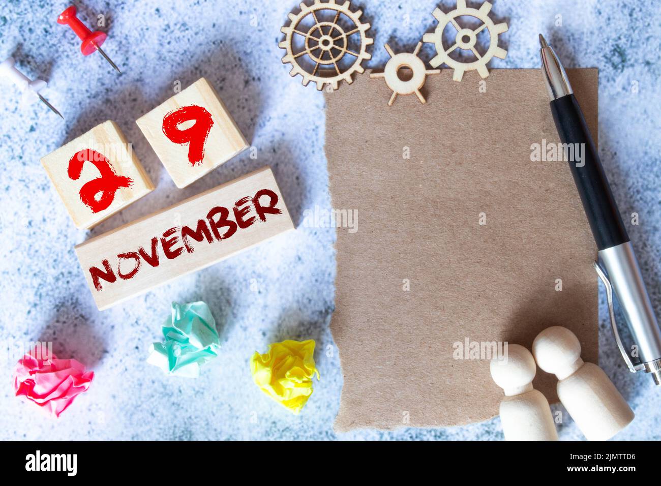 November 29th. Image of november 29 wooden color calendar on blue background. Autumn day. Stock Photo