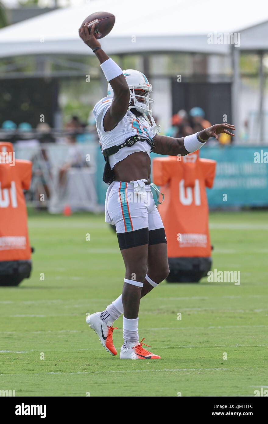 Miami. FL USA;  Wide receiver Mohamed Sanu (16) plays catch after Miami Dolphins Training Camp, Saturday, August 6, 2022, at Baptist Health Training C Stock Photo